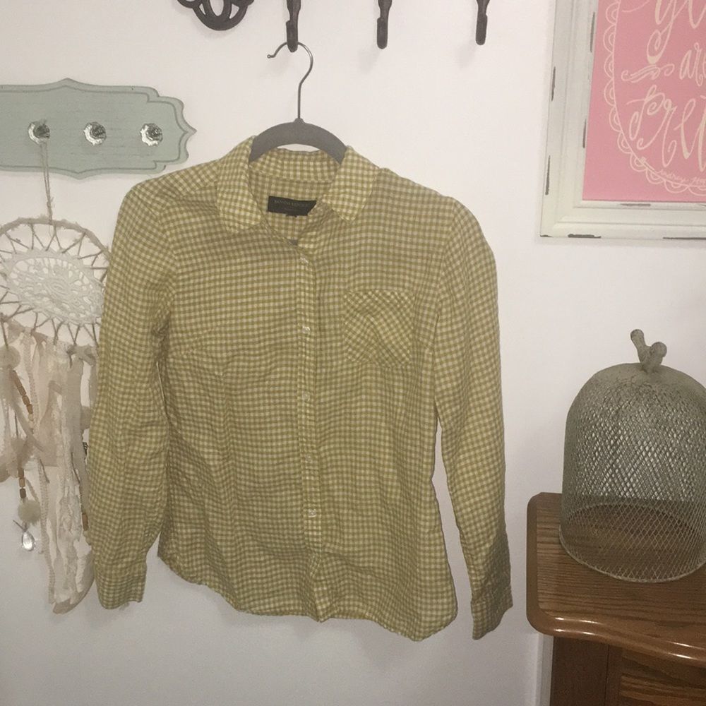 Banana Republic Shirt Womens XS Yellow Gingham Button Down Linen Cotton Blouse